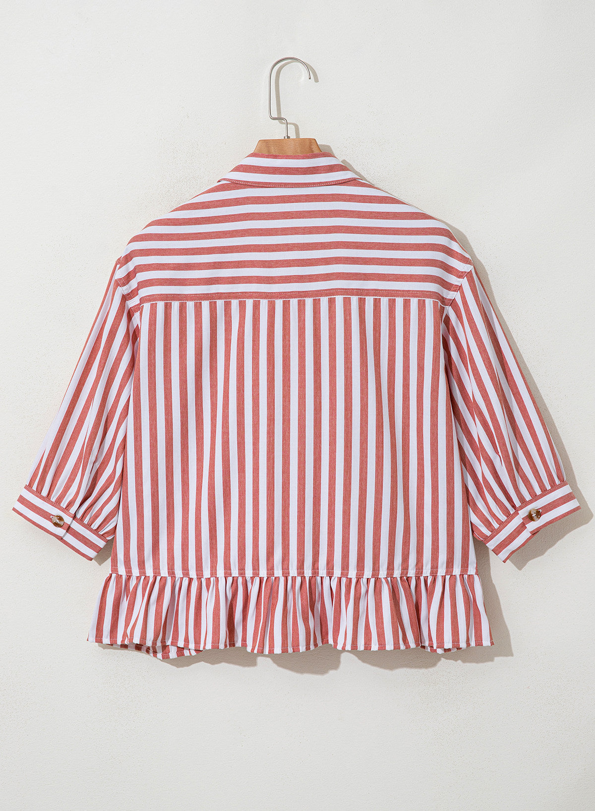 Camisas cortas para mujer rayadas, abotonadas, con volantes, manga 3/4, tops de verano, blusas elegantes y casuales