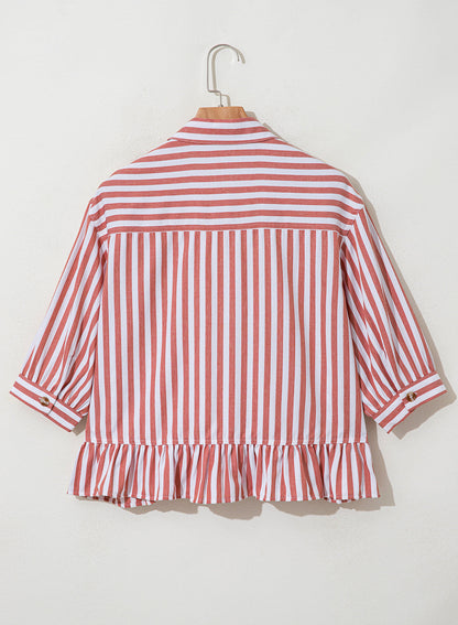 Camisas cortas para mujer rayadas, abotonadas, con volantes, manga 3/4, tops de verano, blusas elegantes y casuales
