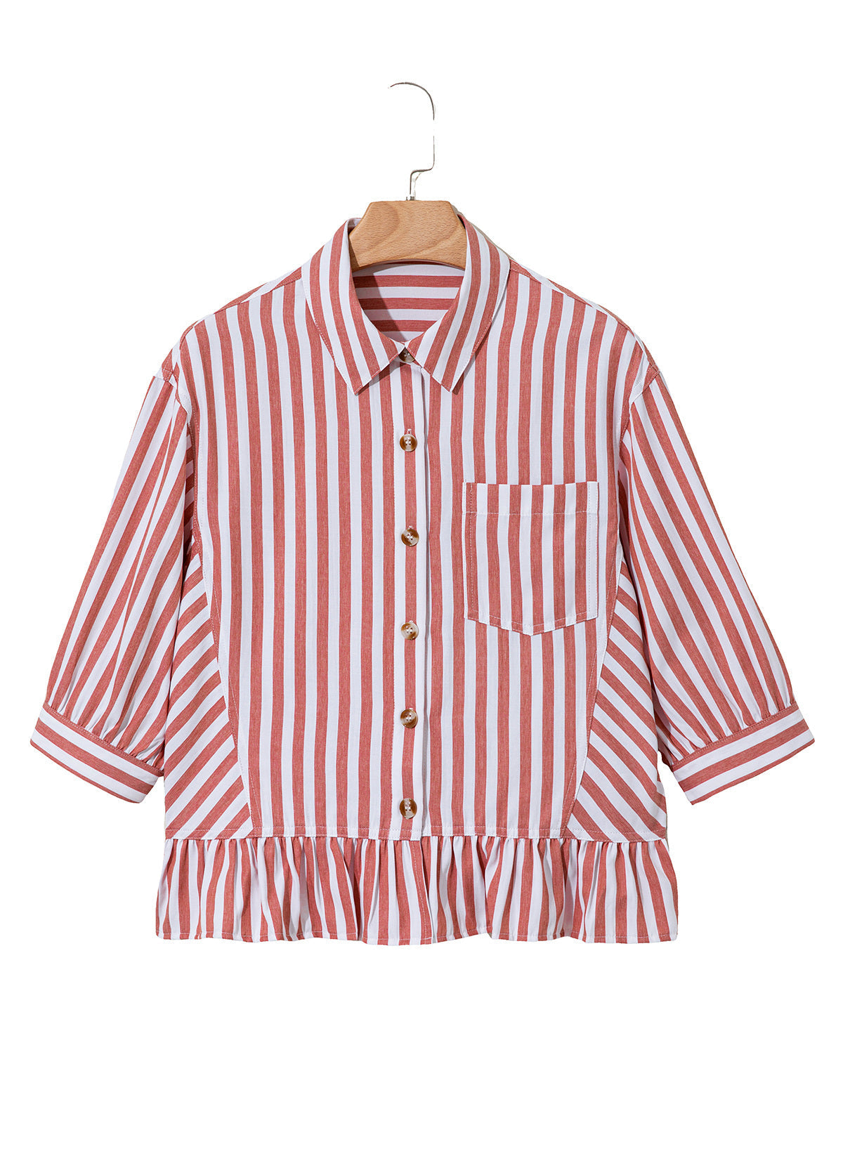 Camisas cortas para mujer rayadas, abotonadas, con volantes, manga 3/4, tops de verano, blusas elegantes y casuales