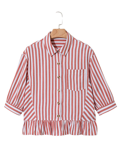 Camisas cortas para mujer rayadas, abotonadas, con volantes, manga 3/4, tops de verano, blusas elegantes y casuales