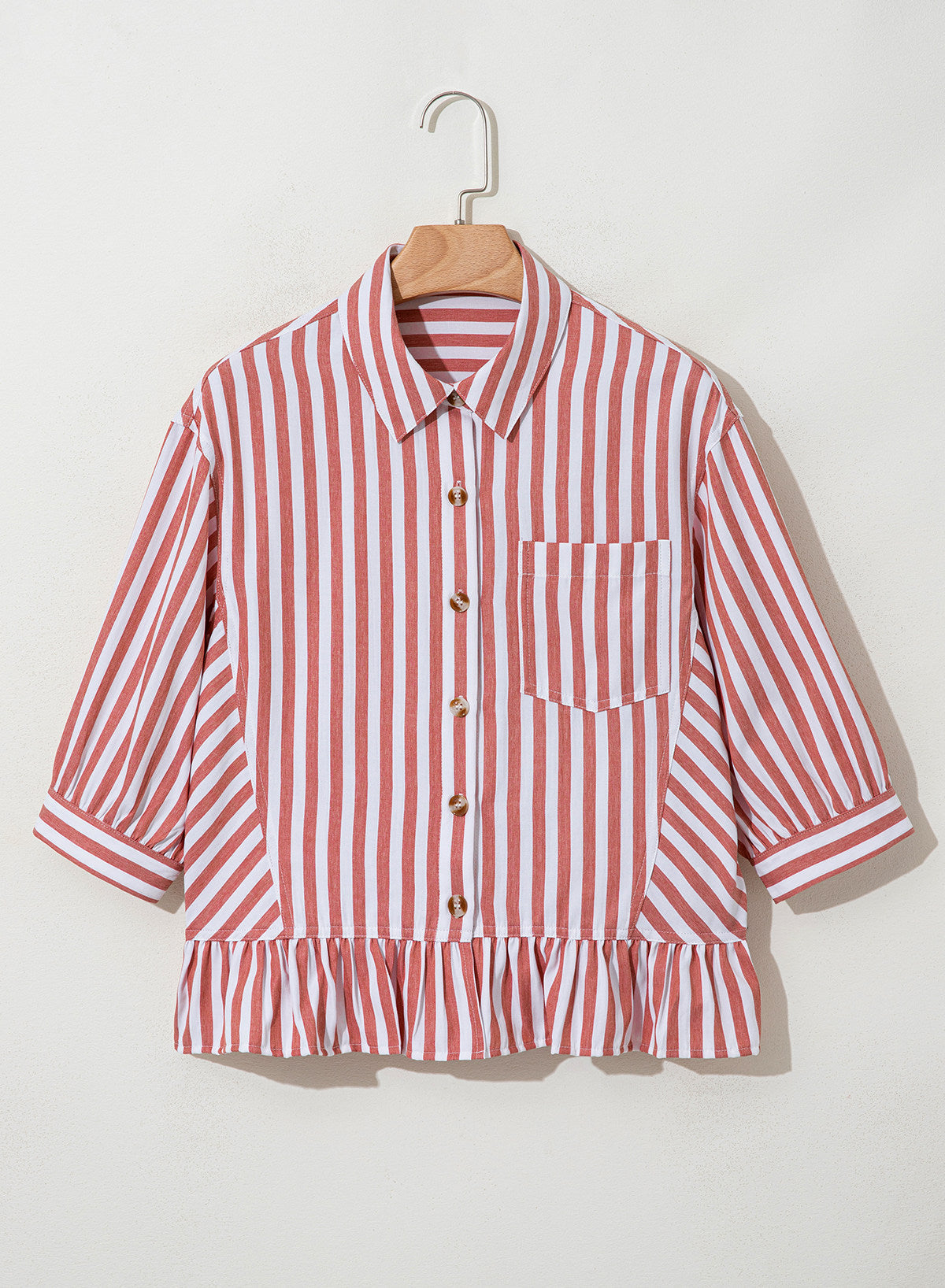 Camisas cortas para mujer rayadas, abotonadas, con volantes, manga 3/4, tops de verano, blusas elegantes y casuales