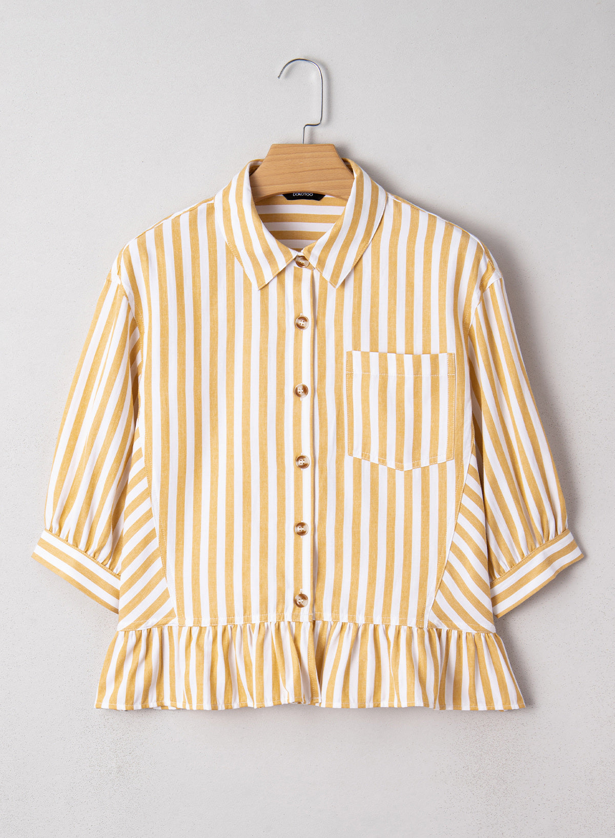Camisas cortas para mujer rayadas, abotonadas, con volantes, manga 3/4, tops de verano, blusas elegantes y casuales