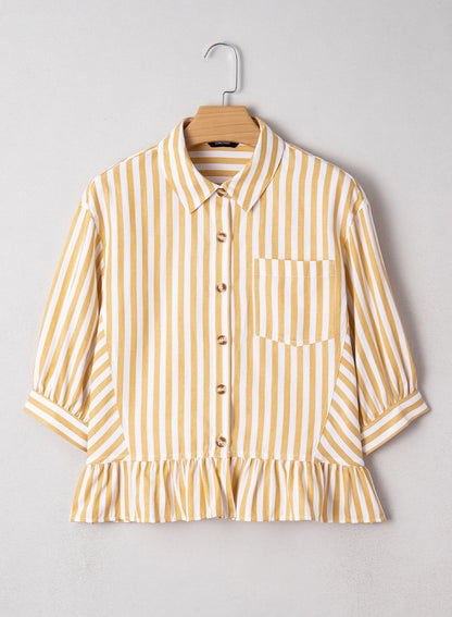 Camisas cortas para mujer rayadas, abotonadas, con volantes, manga 3/4, tops de verano, blusas elegantes y casuales
