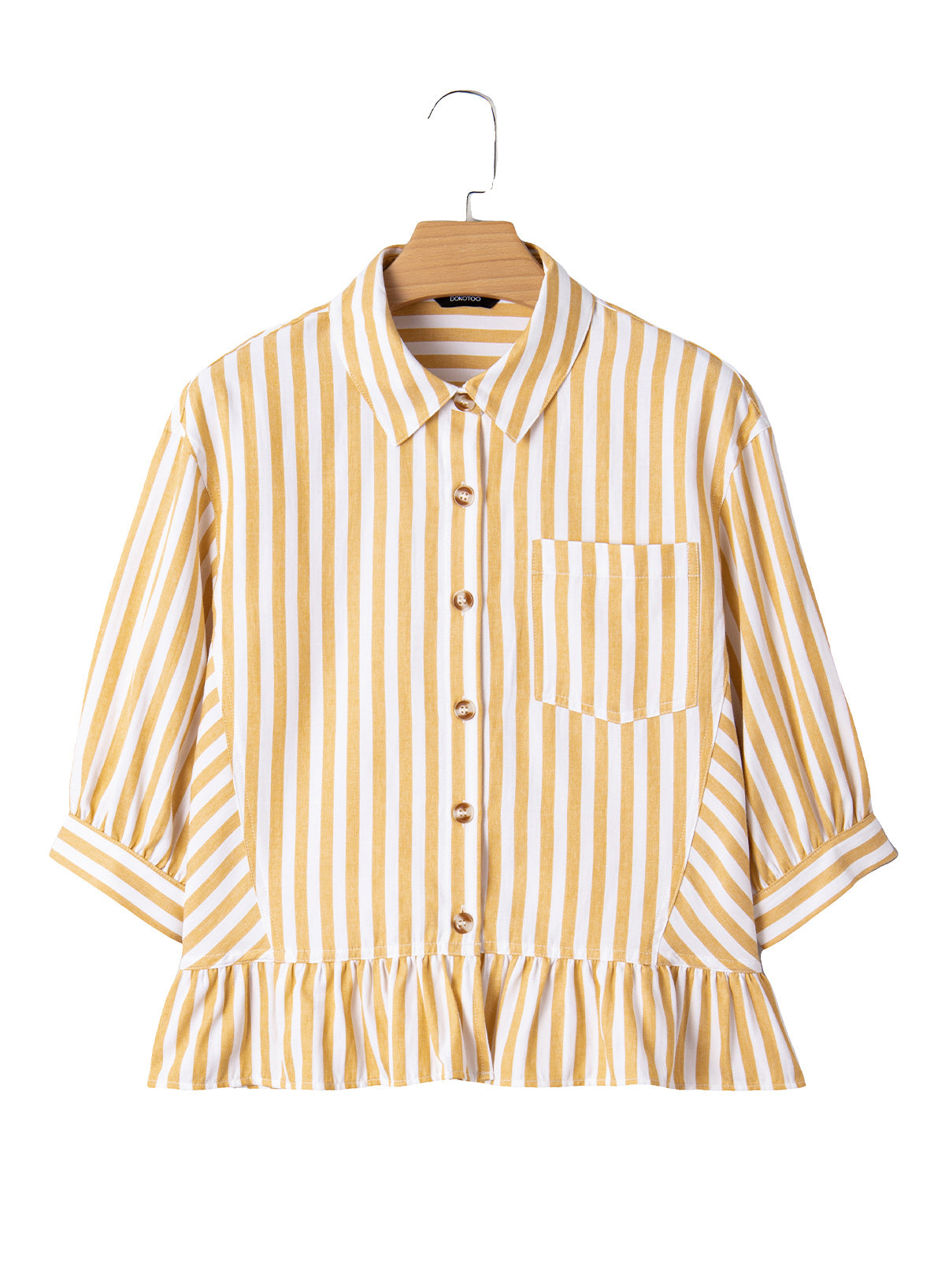 Camisas cortas para mujer rayadas, abotonadas, con volantes, manga 3/4, tops de verano, blusas elegantes y casuales