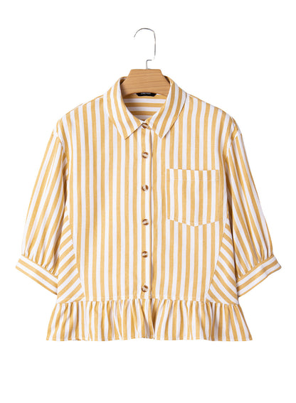 Camisas cortas para mujer rayadas, abotonadas, con volantes, manga 3/4, tops de verano, blusas elegantes y casuales