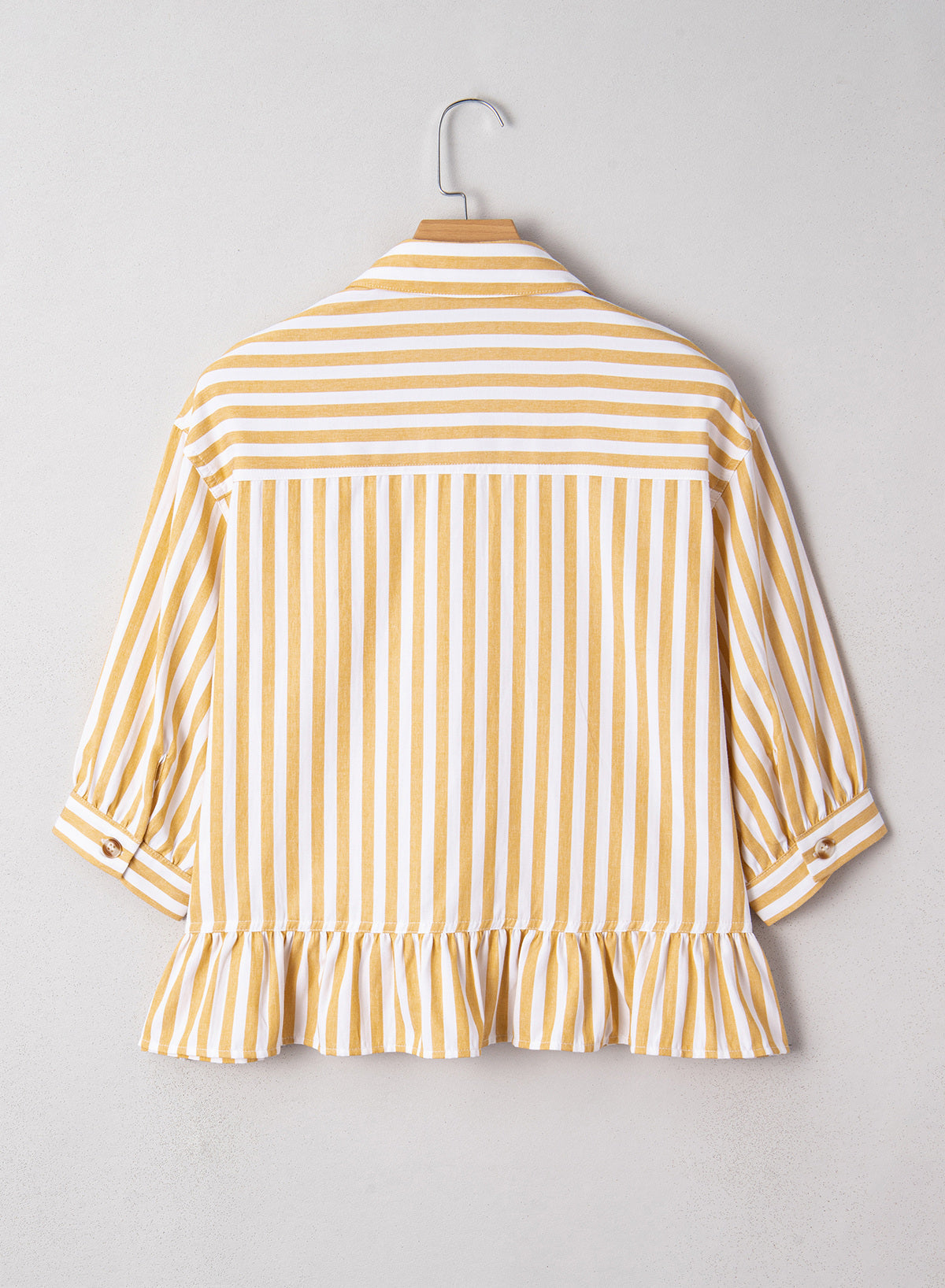 Camisas cortas para mujer rayadas, abotonadas, con volantes, manga 3/4, tops de verano, blusas elegantes y casuales