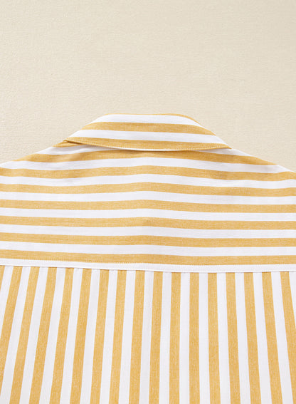 Camisas cortas para mujer rayadas, abotonadas, con volantes, manga 3/4, tops de verano, blusas elegantes y casuales