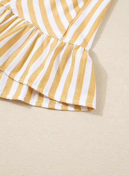 Camisas cortas para mujer rayadas, abotonadas, con volantes, manga 3/4, tops de verano, blusas elegantes y casuales