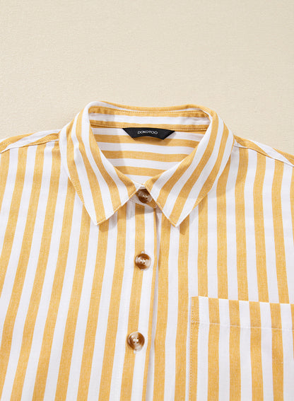 Camisas cortas para mujer rayadas, abotonadas, con volantes, manga 3/4, tops de verano, blusas elegantes y casuales