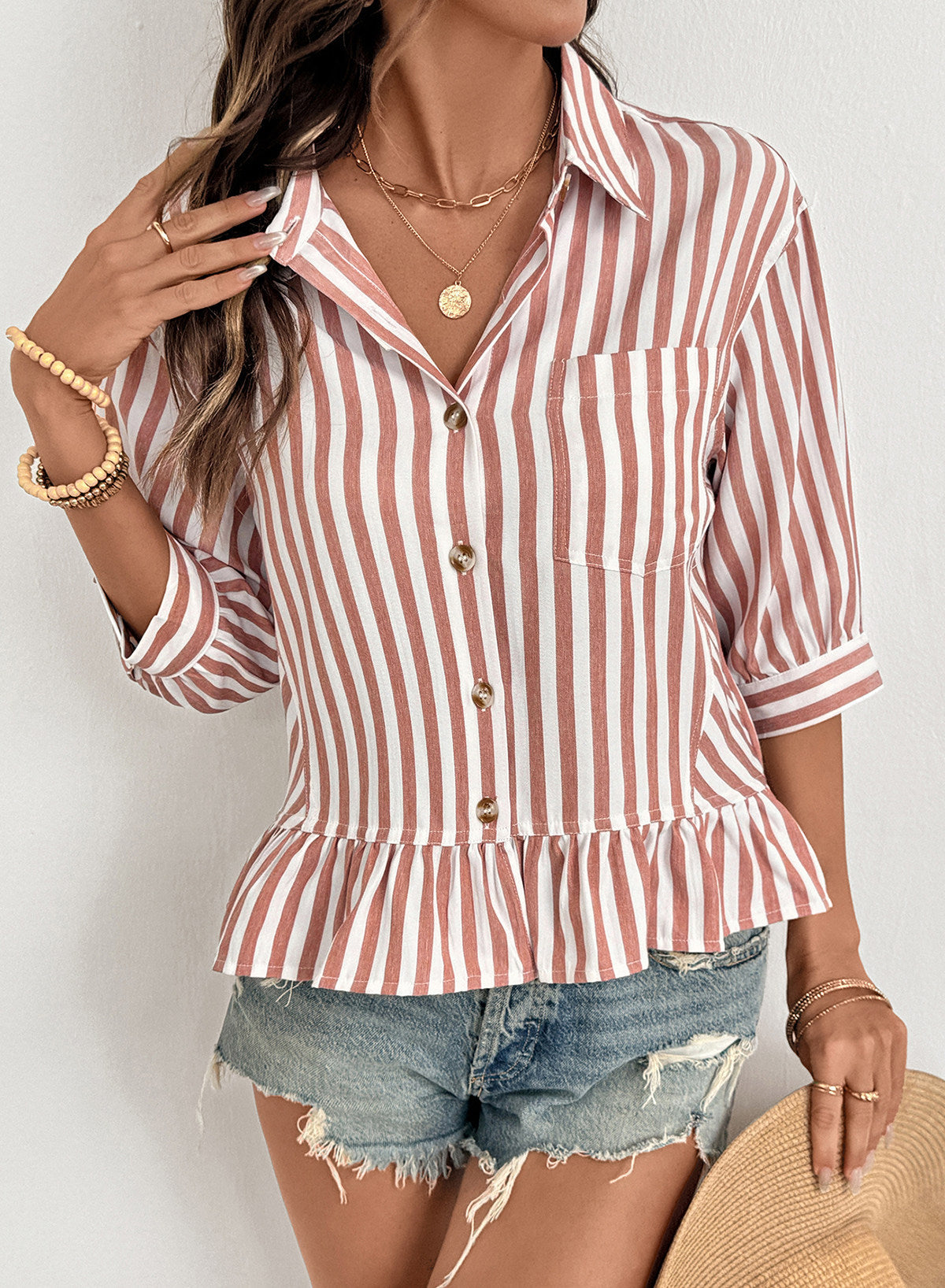 Camisas cortas para mujer rayadas, abotonadas, con volantes, manga 3/4, tops de verano, blusas elegantes y casuales