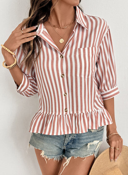 Camisas cortas para mujer rayadas, abotonadas, con volantes, manga 3/4, tops de verano, blusas elegantes y casuales