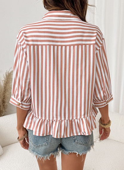 Camisas cortas para mujer rayadas, abotonadas, con volantes, manga 3/4, tops de verano, blusas elegantes y casuales