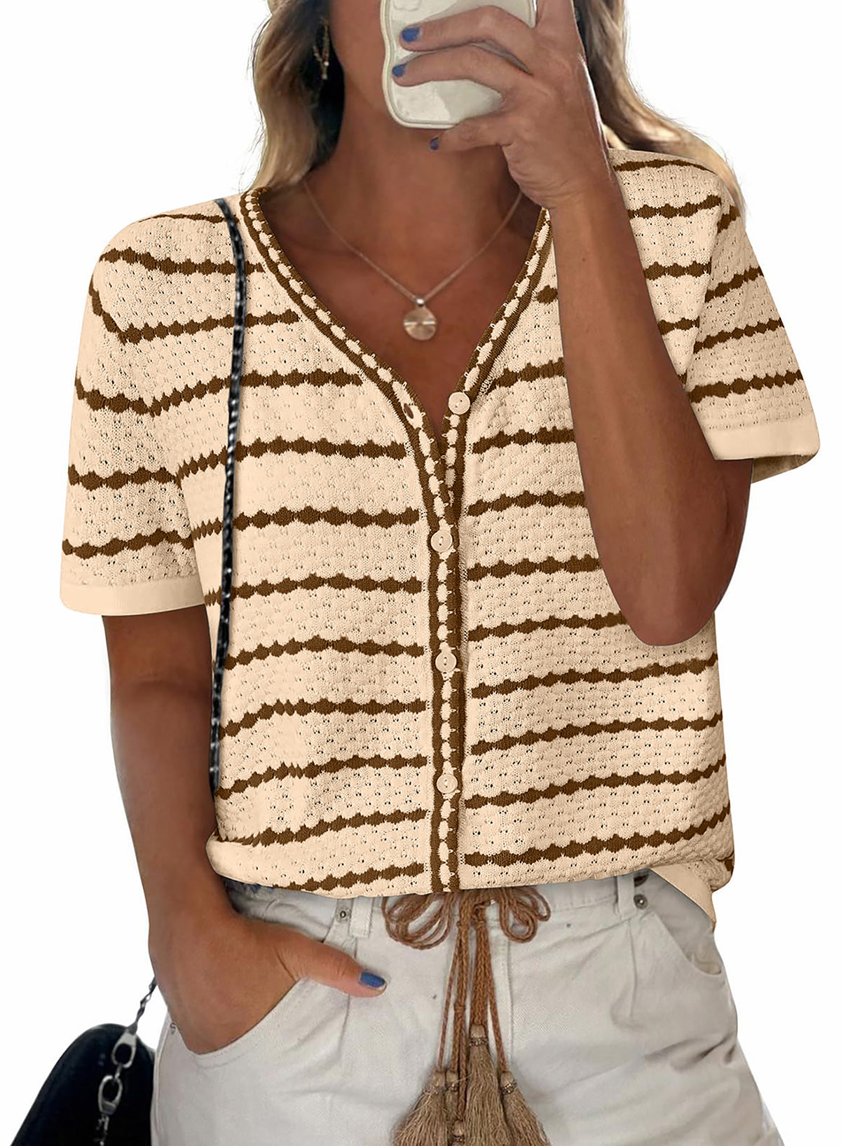 Mujer Suéter de manga corta Primavera-Verano 2025 Tops de punto crochet con escote en V a rayas, con botones, blusas elegantes y casuales