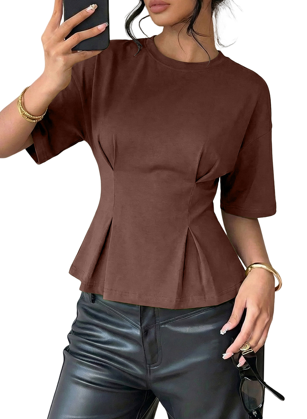 Camiseta tipo peplum con cintura ceñida y mangas 3/4 para uso casual en la oficina