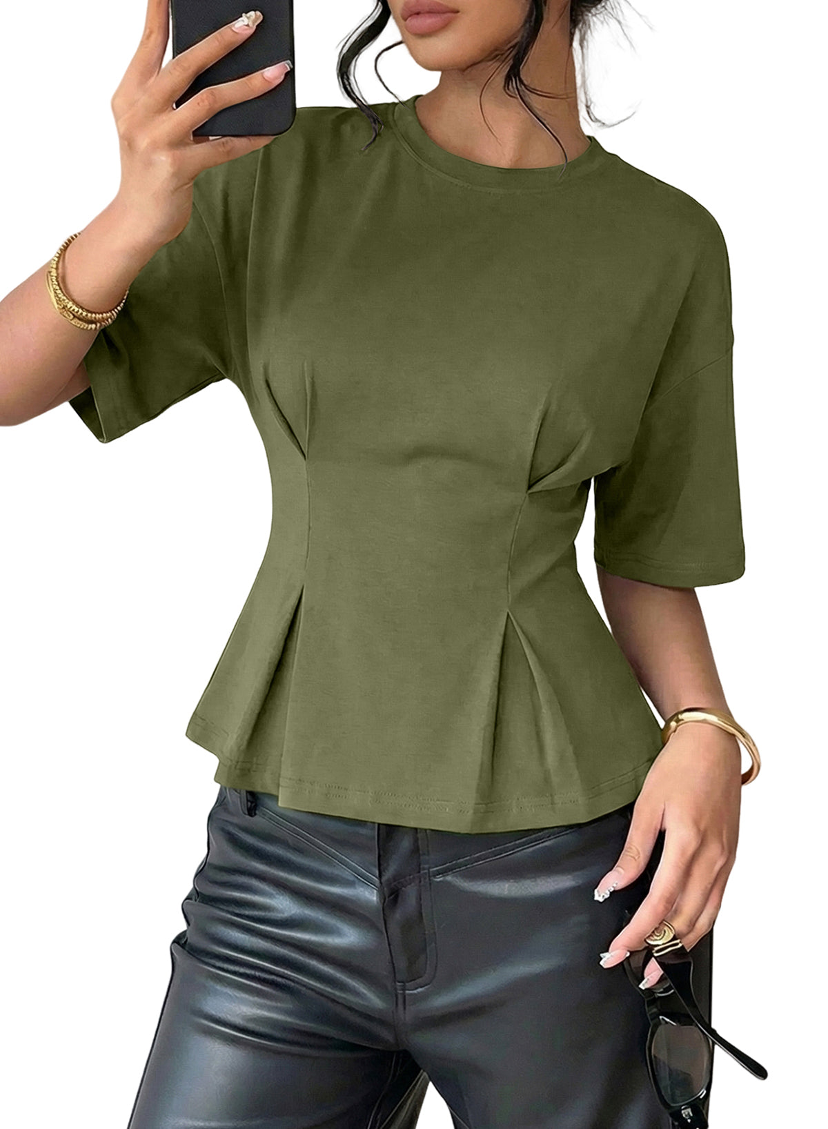 Camiseta tipo peplum con cintura ceñida y mangas 3/4 para uso casual en la oficina