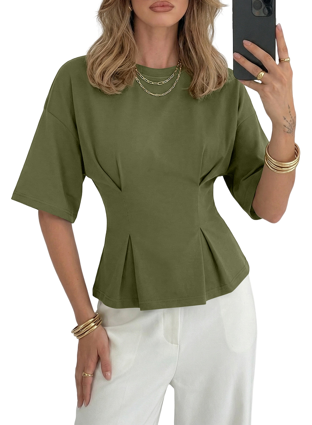 Camiseta tipo peplum con cintura ceñida y mangas 3/4 para uso casual en la oficina