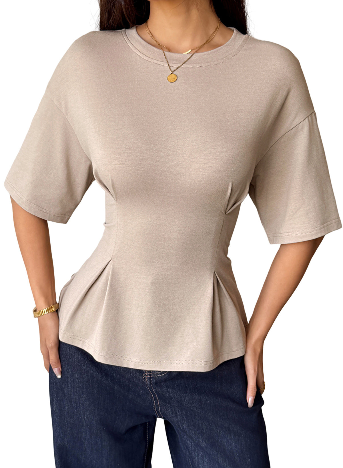 Camiseta tipo peplum con cintura ceñida y mangas 3/4 para uso casual en la oficina