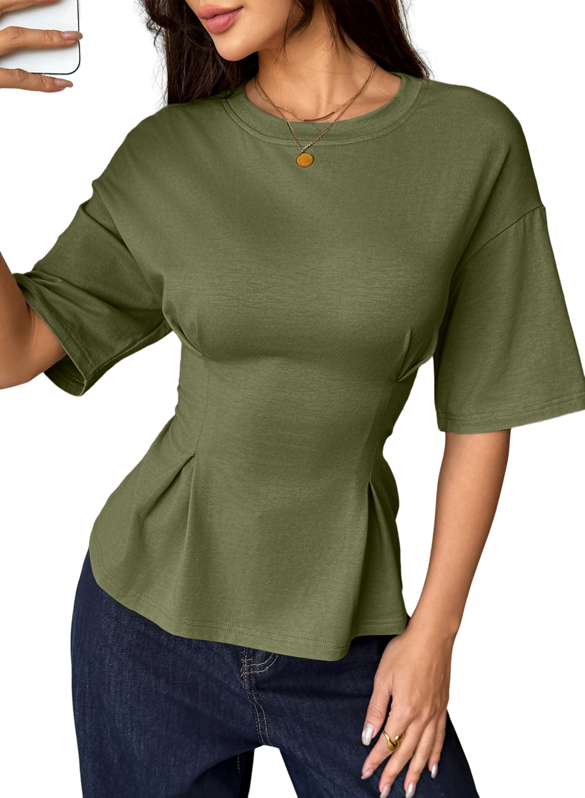 Camiseta tipo peplum con cintura ceñida y mangas 3/4 para uso casual en la oficina