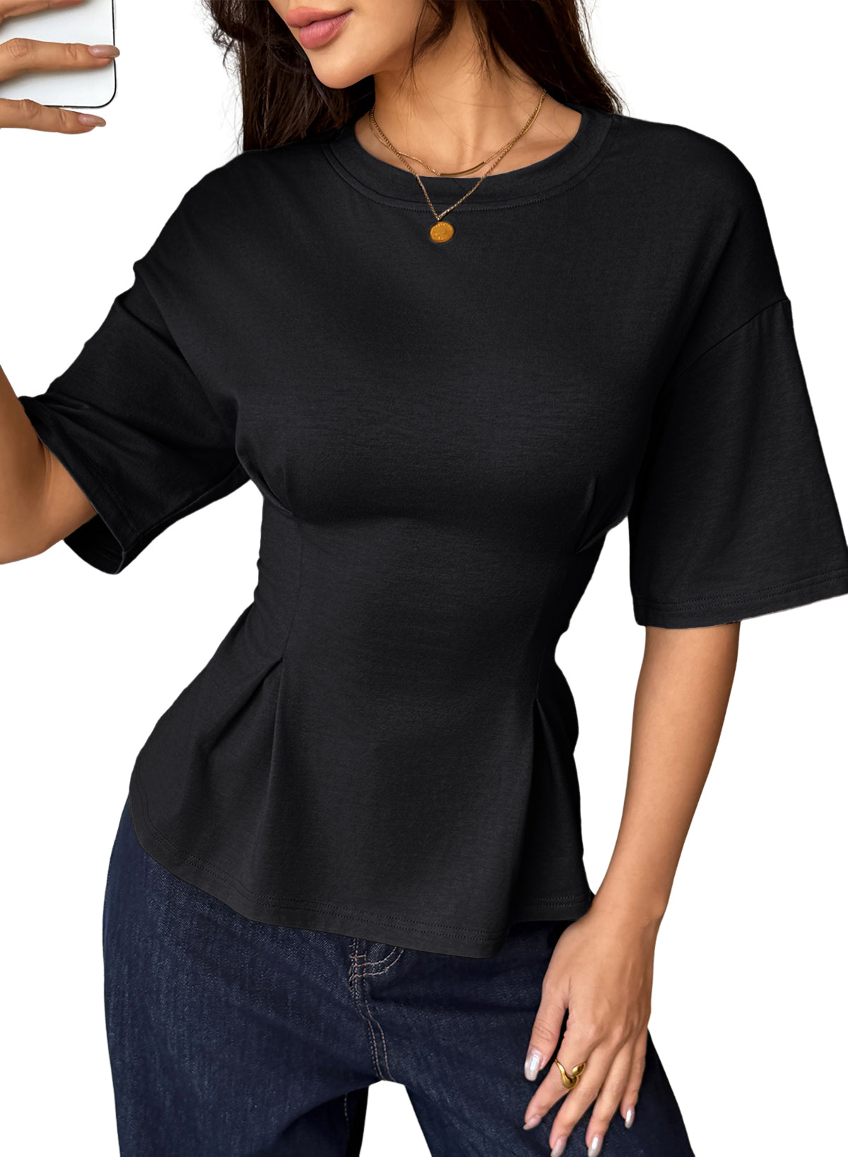 Camiseta tipo peplum con cintura ceñida y mangas 3/4 para uso casual en la oficina