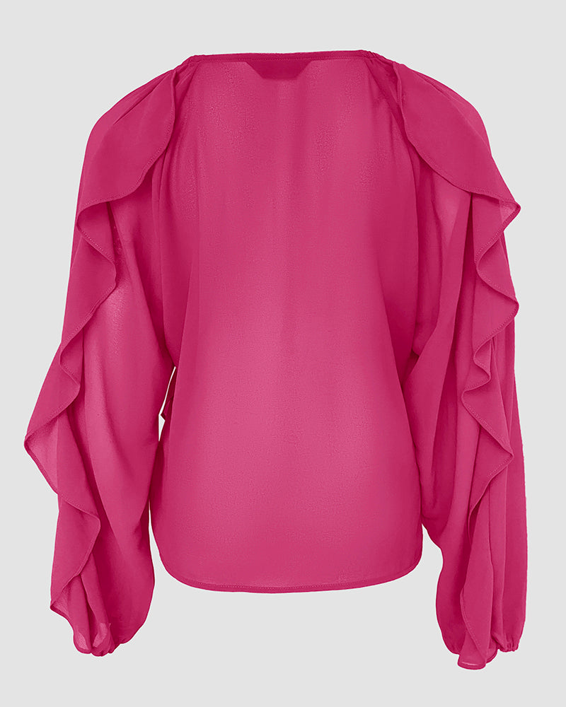 Blusa con escote en V y volantes en los hombros, diseño casual, con botones frontales, manga larga