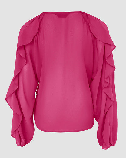 Blusa con escote en V y volantes en los hombros, diseño casual, con botones frontales, manga larga
