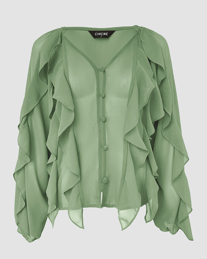 Blusa con escote en V y volantes en los hombros, diseño casual, con botones frontales, manga larga