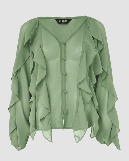 Blusa con escote en V y volantes en los hombros, diseño casual, con botones frontales, manga larga
