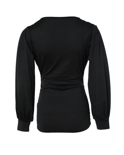 Blusa de escote en V profundo con mangas farol fruncidas, de estilo casual y ajuste entallado