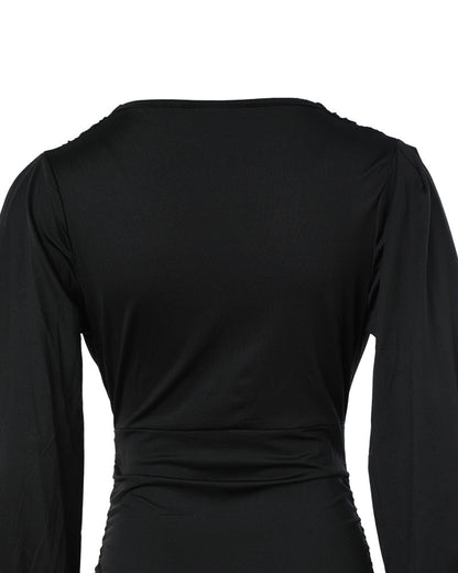 Blusa de escote en V profundo con mangas farol fruncidas, de estilo casual y ajuste entallado