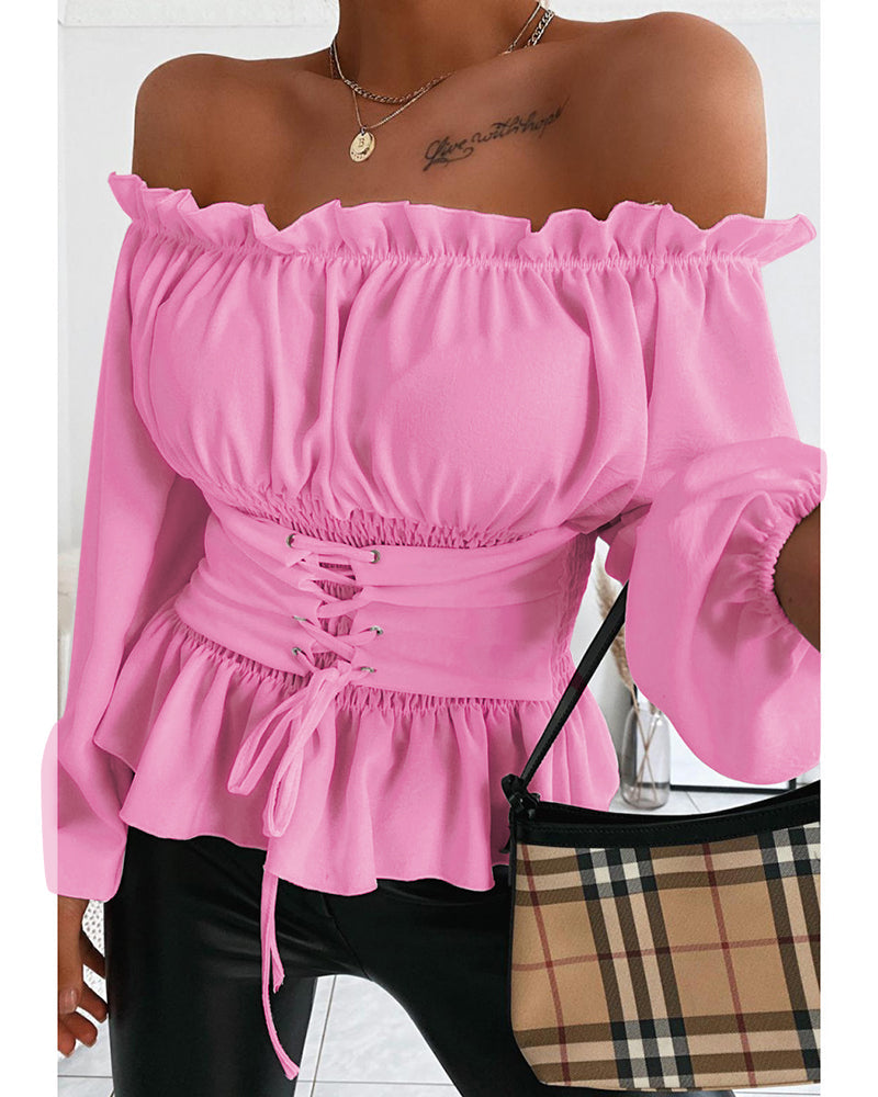 Blusa de hombros descubiertos con ribete de volantes, manga larga, cordón frontal, casual, cintura fruncida y dobladillo acampanado