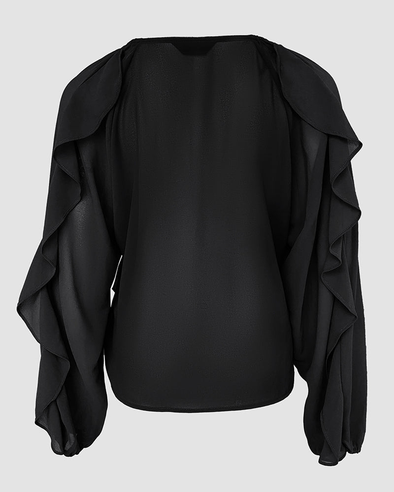 Blusa con escote en V y volantes en los hombros, diseño casual, con botones frontales, manga larga