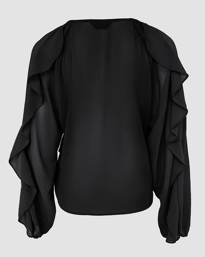 Blusa con escote en V y volantes en los hombros, diseño casual, con botones frontales, manga larga