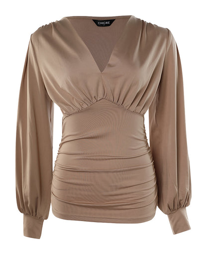 Blusa de escote en V profundo con mangas farol fruncidas, de estilo casual y ajuste entallado