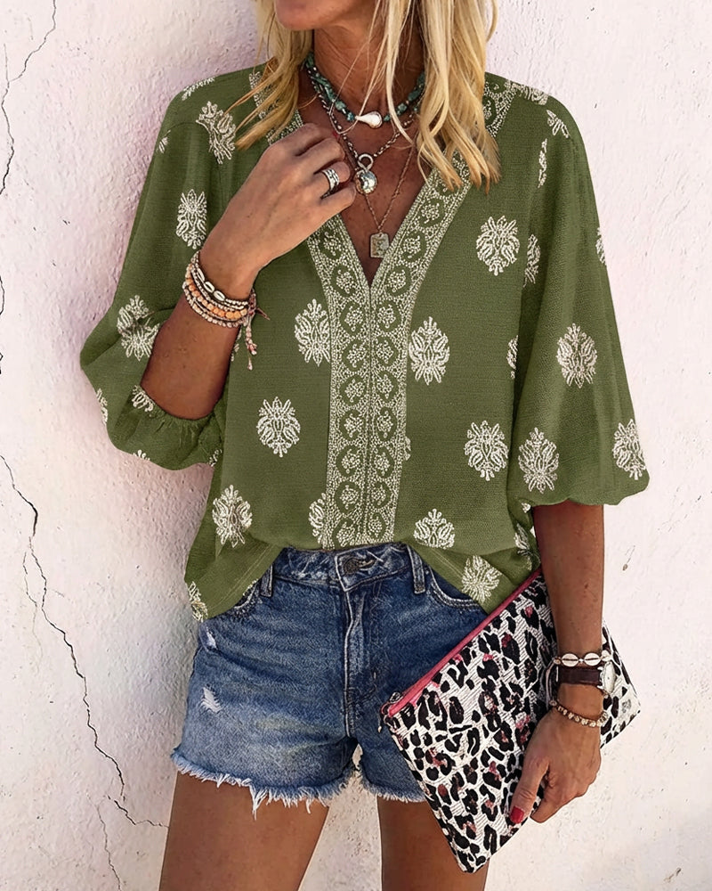 Blusa vintage con estampado barroco de colocación, escote en V, manga farol, casual de manga larga y corte holgado, top bohemio