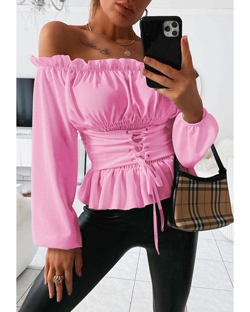 Blusa de hombros descubiertos con ribete de volantes, manga larga, cordón frontal, casual, cintura fruncida y dobladillo acampanado