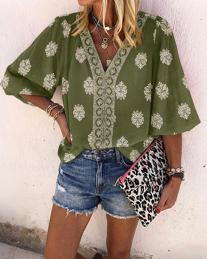 Blusa vintage con estampado barroco de colocación, escote en V, manga farol, casual de manga larga y corte holgado, top bohemio