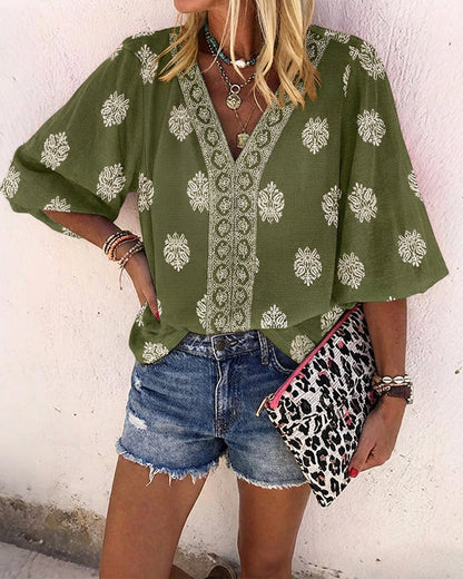 Blusa vintage con estampado barroco de colocación, escote en V, manga farol, casual de manga larga y corte holgado, top bohemio