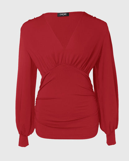 Blusa de escote en V profundo con mangas farol fruncidas, de estilo casual y ajuste entallado