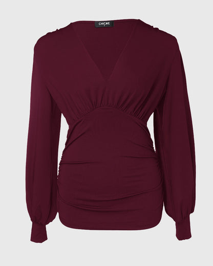Blusa de escote en V profundo con mangas farol fruncidas, de estilo casual y ajuste entallado