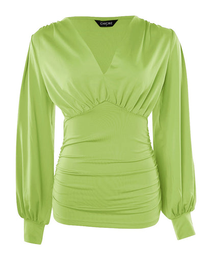 Blusa de escote en V profundo con mangas farol fruncidas, de estilo casual y ajuste entallado
