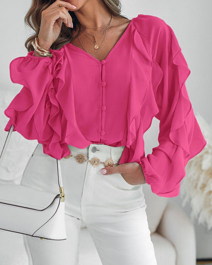 Blusa con escote en V y volantes en los hombros, diseño casual, con botones frontales, manga larga