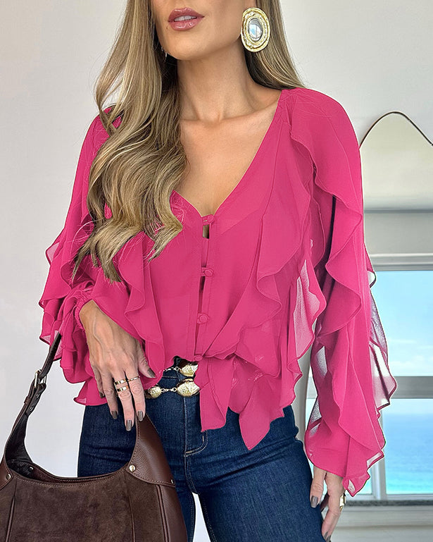 Blusa con escote en V y volantes en los hombros, diseño casual, con botones frontales, manga larga