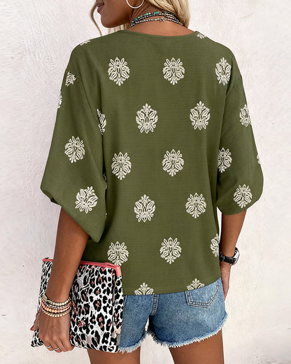 Blusa vintage con estampado barroco de colocación, escote en V, manga farol, casual de manga larga y corte holgado, top bohemio