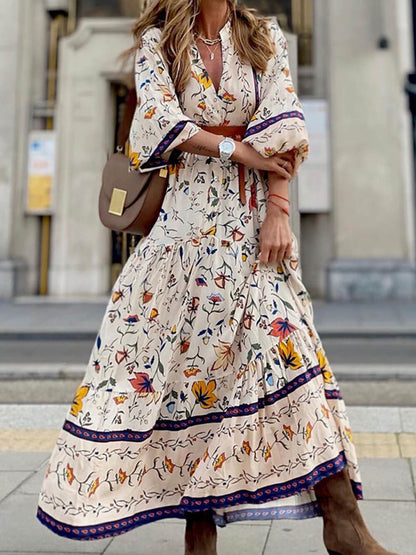 Vestido maxi estampado con escote en V y ajuste holgado