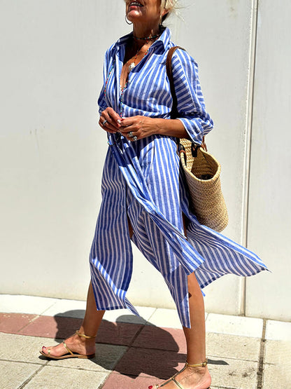 Vestido camisero midi de Splendor con estampado a rayas, botones frontales, cinturón y mangas cortas