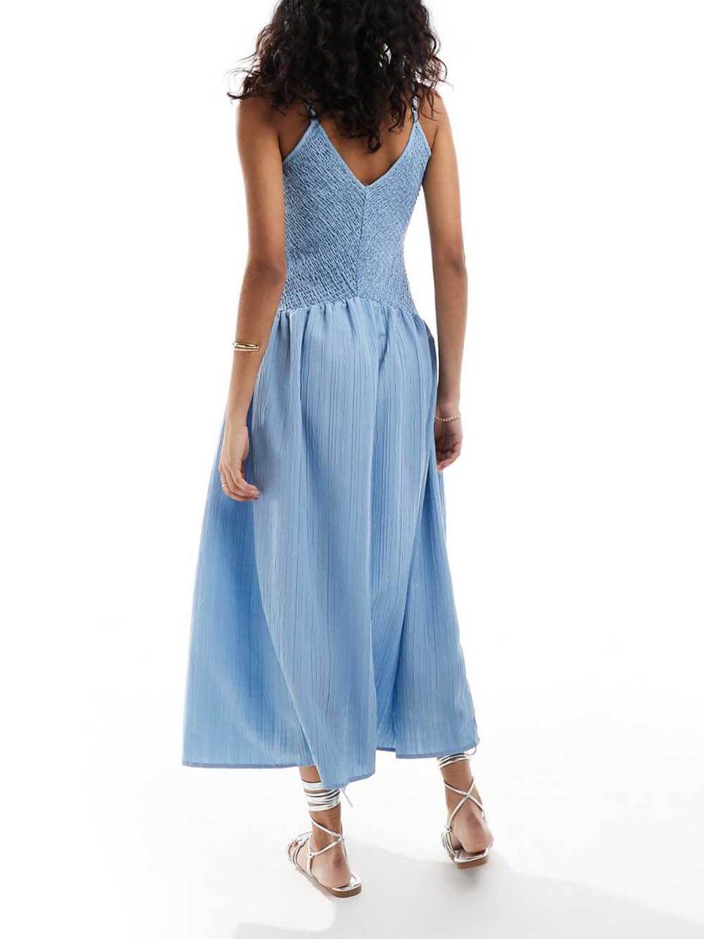Vestido midi sin mangas de patchwork con tirantes y frunces elásticos