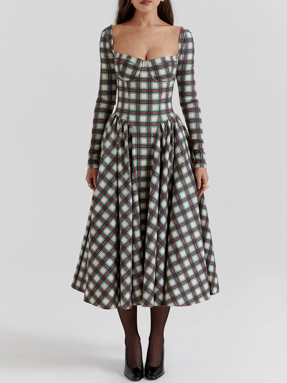 Vestido midi con corsé en tartán carmesí audaz