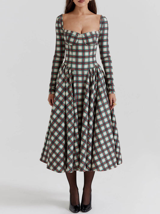 Vestido midi con corsé en tartán carmesí audaz