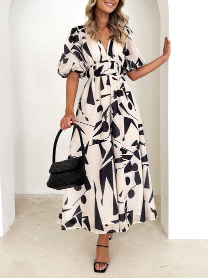 Vestido midi Sakura en beige con estampado geométrico – Elegante sin esfuerzo