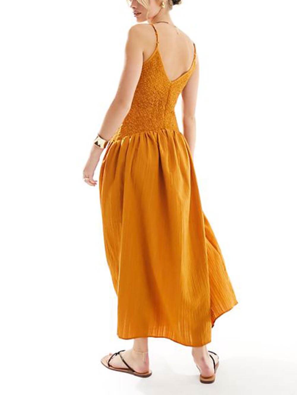 Vestido midi sin mangas de patchwork con tirantes y frunces elásticos